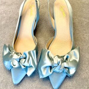 Anthropologie Seychelles Neve Light Blue Elegant Satin Bow Slingback Heels 8.5